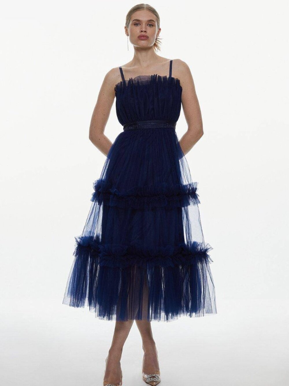 KarenMillen Tulle Bandeau Tiered Midi Dress Navy